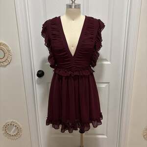 Vestique Womens Ruffle Deep V-Neck Mini Dress